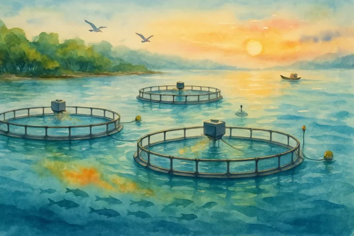 Aquarela em paisagem mostra piscicultura marinha brasileira ao amanhecer: três gaiolas circulares no mar azul-esverdeado, alimentadores automáticos discretos, plumas de cor se dissipando na água e costa com manguezal ao fundo.