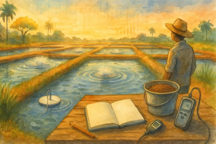 Viveiros escavados de piscicultura no Brasil ao amanhecer, com aeradores formando círculos na água; em primeiro plano, mesa rústica com caderno em branco, lápis, balde com ração, disco de Secchi e medidor de oxigênio; produtor de chapéu observa os tanques; aquarela em orientação paisagem.