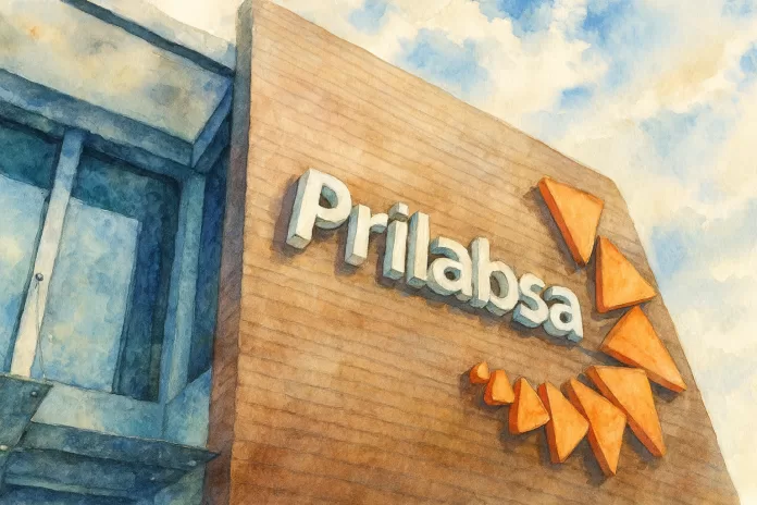 Fachada da Prilabsa em estilo aquarela, com logotipo em relevo e símbolo de triângulos laranja, céu claro ao fundo.