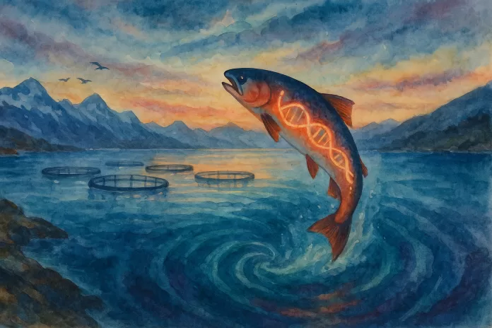 Aquarela em formato horizontal de um litoral patagônico ao entardecer, com viveiros circulares de salmão no mar, montanhas nevadas ao fundo e um salmão saltando; reflexos formam espirais que sugerem DNA, em tons frios de azul e turquesa com laranja no céu.