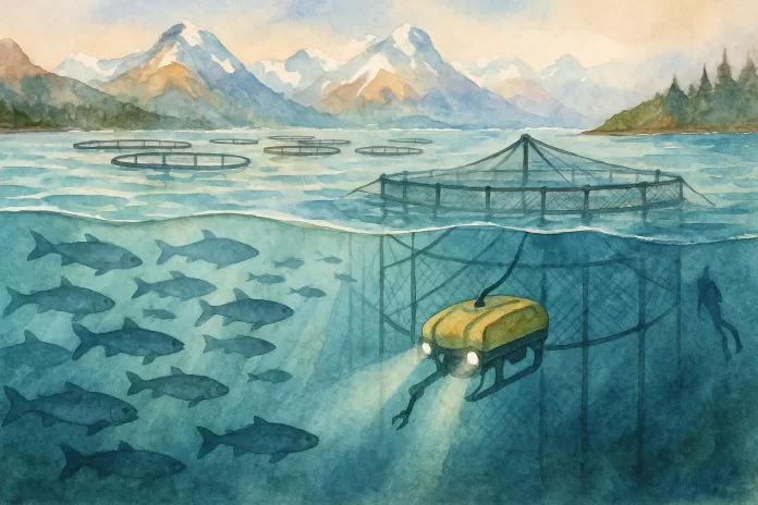 Aquarela em paisagem mostrando fiordes do sul do Chile com tanques-rede circulares; corte acima e abaixo d’água revela um ROV com luzes inspecionando a malha enquanto peixes nadam ao redor; montanhas nevadas ao fundo.