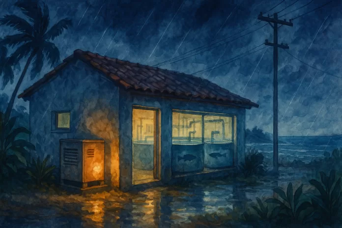 Laboratório de piscicultura marinha na costa brasileira durante tempestade noturna; interior iluminado por gerador automático, tanques redondos com silhuetas de peixes e céu escuro com chuva e palmeiras ao vento, em aquarela, 1920x1080.