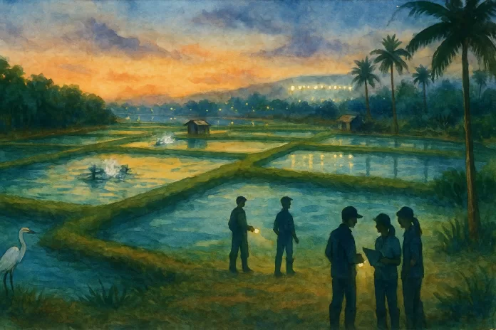 Aquarela em formato paisagem mostra viveiros de camarão ao entardecer em costa tropical latino-americana, com equipe técnica distribuída ao redor dos tanques, aeradores em movimento, manguezal e luzes ao longe sugerindo atmosfera de estádio.