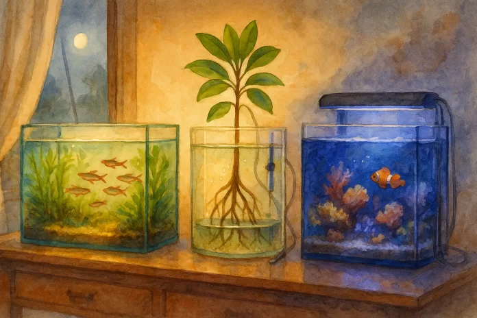 Aquarela em paisagem mostrando três nanoaquários sobre um aparador: à esquerda, plantado com lambaris e barrigudinhos; ao centro, mudas de mangue com raízes na água e sonda discreta; à direita, recife com corais sob luz azulada; ambiente de entardecer brasileiro, sem textos.