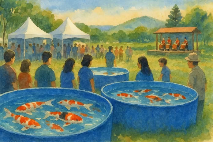 Exposição ao ar livre em Atibaia com tanques circulares azuis contendo nishikigois de padrões vermelhos, brancos e pretos; visitantes observam enquanto um grupo toca taikô ao fundo, em uma paisagem verde sob luz de fim de tarde.