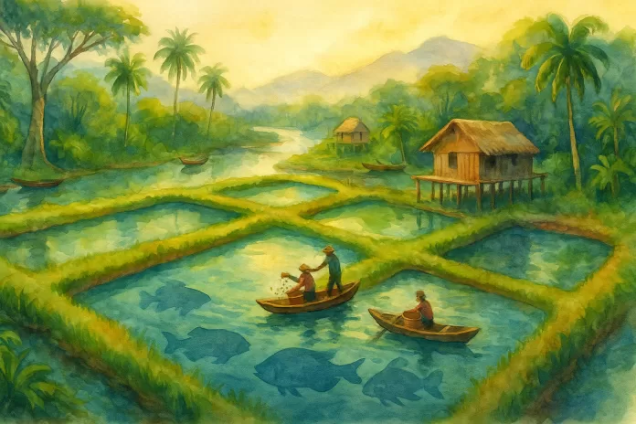 Viveiros de piscicultura na Amazônia peruana em aquarela, com diques de terra, casas de palafita e canoas entre a floresta, sob luz dourada do entardecer; sob a água, silhuetas sutis de peixes nativos.