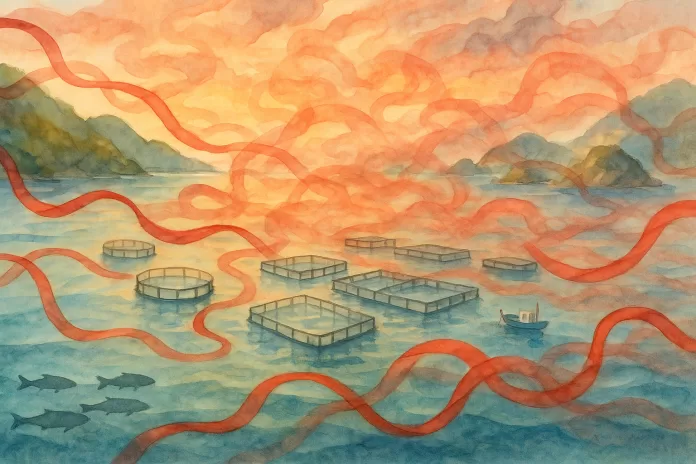 Aquarela de um litoral brasileiro ao entardecer com fileiras de gaiolas de piscicultura no mar; fitas vermelhas sinuosas cruzam a cena como correntes, sugerindo burocracia que envolve o cultivo; ao fundo, morros verdes e um pequeno barco.