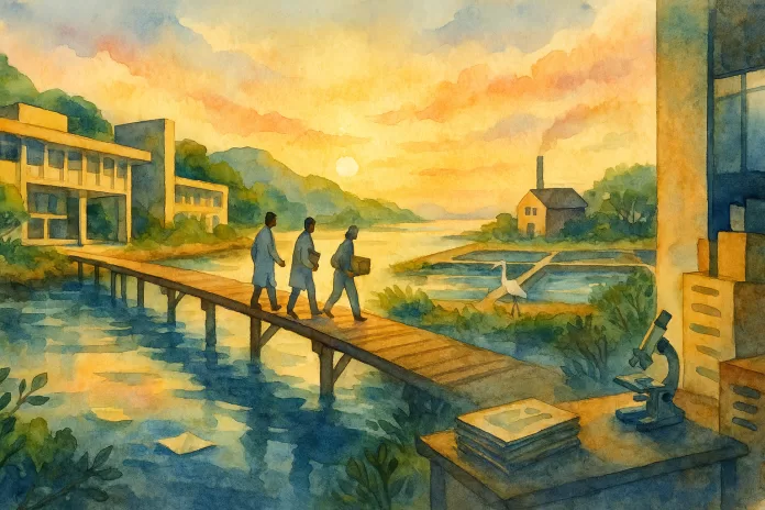 Aquarela em paisagem costeira brasileira ao amanhecer: à esquerda, campus universitário modernista entre morros verdes; à direita, viveiros de camarão e pequena fábrica; uma passarela de madeira liga os dois lados com três figuras discretas caminhando; tons dourados e azuis, clima sugestivo.