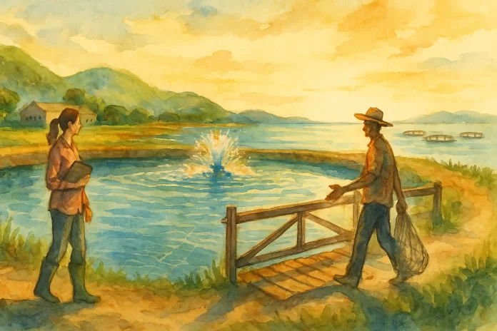 Aquarela horizontal de um viveiro de aquicultura no Brasil ao entardecer, com uma pesquisadora e um produtor se encontrando sobre uma pequena passarela; aerador criando respingos no lago e, ao fundo, morros verdes e algumas gaiolas marinhas no mar calmo.