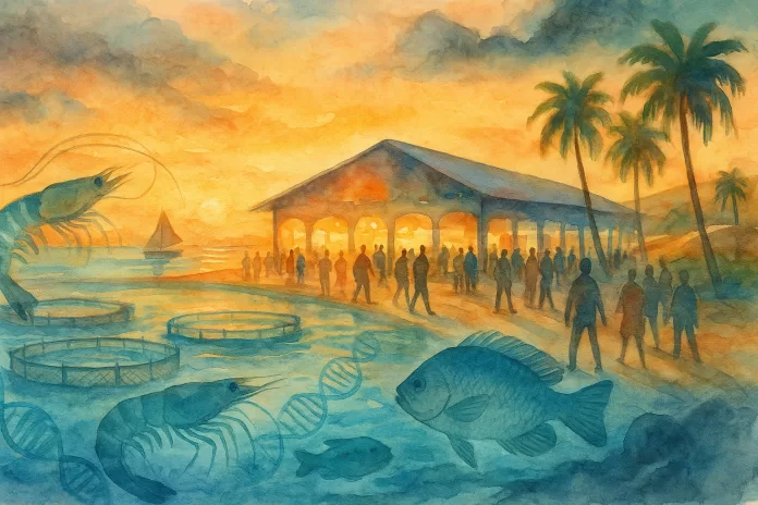 Pavilhão de feira à beira-mar no Nordeste brasileiro ao pôr do sol, mesclado a viveiros de camarão e tanques de piscicultura; silhuetas de pessoas entre estandes, camarões e tilápias translúcidas na água e sutis padrões de DNA, com coqueiros e dunas ao fundo, em aquarela.