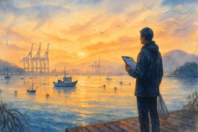 Aquarela em paisagem horizontal do estuário de Santos ao amanhecer, com guindastes do porto ao fundo, barcos de pesca e boias de maricultura; pesquisador à beira do píer observando a água; tons azulados e alaranjados em atmosfera de névoa leve.