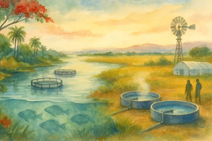 Paisagem em aquarela mostrando um amplo rio do norte da Argentina com ilhas e mata ciliar, viveiros circulares flutuantes e silhuetas sutis de tilápias sob a água; à direita, planície pampeana com estufa, tanques circulares de RAS com vapor leve e um moinho de vento ao amanhecer.