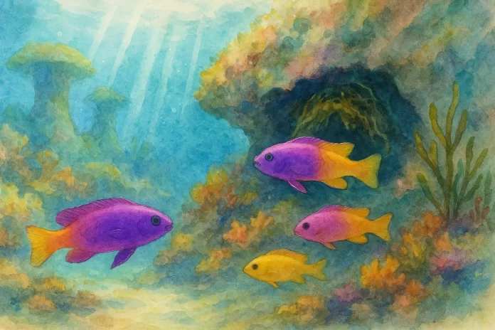 Cena em aquarela de um recife na costa da Bahia, com feixes de luz tropical, corais tipo chapeirões ao fundo e um pequeno grupo de Gramma brasiliensis magenta-amarelos próximo a uma fenda com ninho de macroalgas.