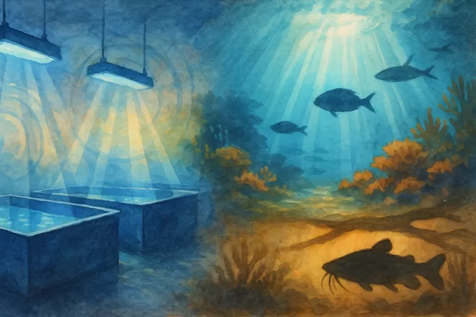 Aquarela em formato paisagem mostrando, à esquerda, um laboratório de aquicultura com tanques retangulares sob luminárias frias projetando feixes de luz; à direita, a cena se funde em um recife tropical iluminado pelo sol e, abaixo, um trecho de rio turvo com silhueta de bagre sob galhos, sugerindo diferentes exigências de iluminação.