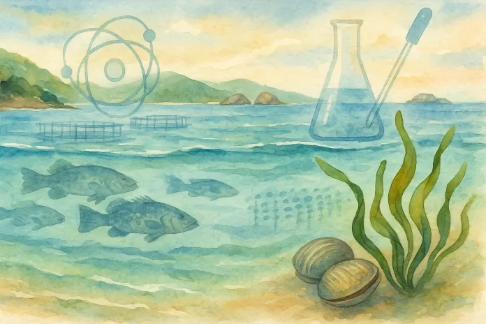 Paisagem em aquarela da costa brasileira, com mar calmo, gaiolas de cultivo ao fundo e formas sutis de macroalgas e bivalves no primeiro plano; peixes sugeridos em cardume e alusões discretas a anéis isotópicos; sem textos.