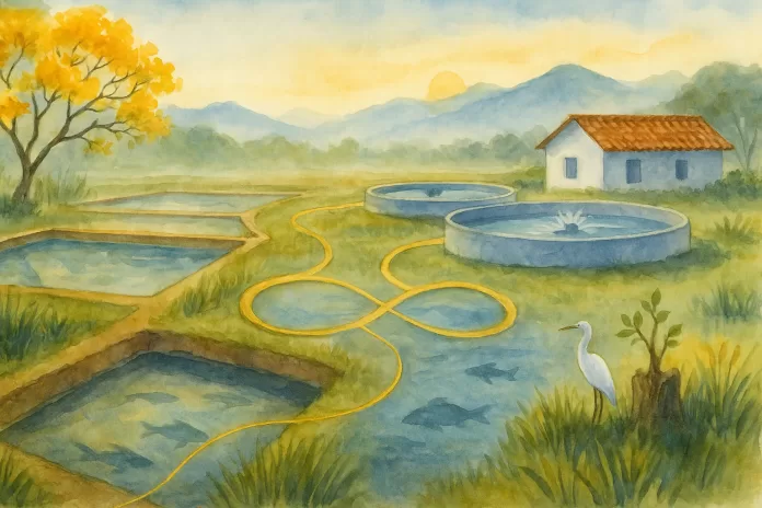 Paisagem em aquarela com viveiros de terra antigos que se unem a tanques circulares modernos ao amanhecer no Vale do Paraíba, ipê-amarelo florido, garça à beira d’água e a Serra da Mantiqueira ao fundo.