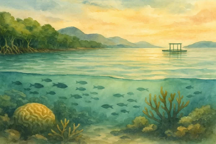 Recife raso brasileiro ao amanhecer, com corais e cardumes sob água calma; ao fundo, pequena plataforma de cultivo alinhada à paisagem, sugerindo a precisão da aquicultura.