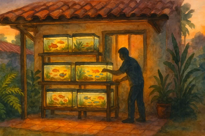 Varanda brasileira ao entardecer, em aquarela horizontal 1920×1080, com prateleiras de aquários iluminados e pessoa ajustando um tanque, simbolizando a aquicultura ornamental doméstica.