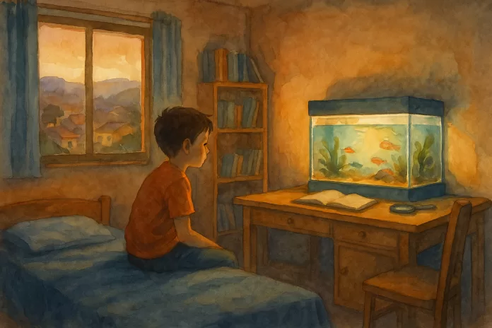 Quarto brasileiro ao entardecer, em aquarela horizontal 1920×1080, com criança observando um aquário iluminado sobre a escrivaninha, simbolizando o início de trajetórias na aquicultura ornamental.