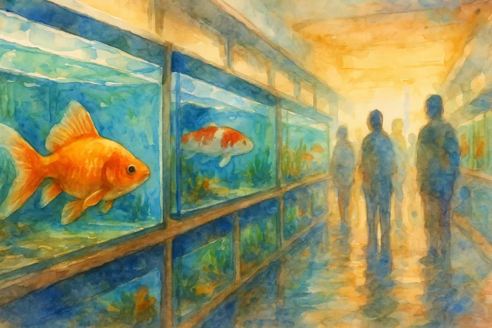 Loja brasileira de aquários em aquarela, com kinguio em primeiro plano e carpas nishikigoi ao fundo, sugerindo a popularidade da aquicultura ornamental.