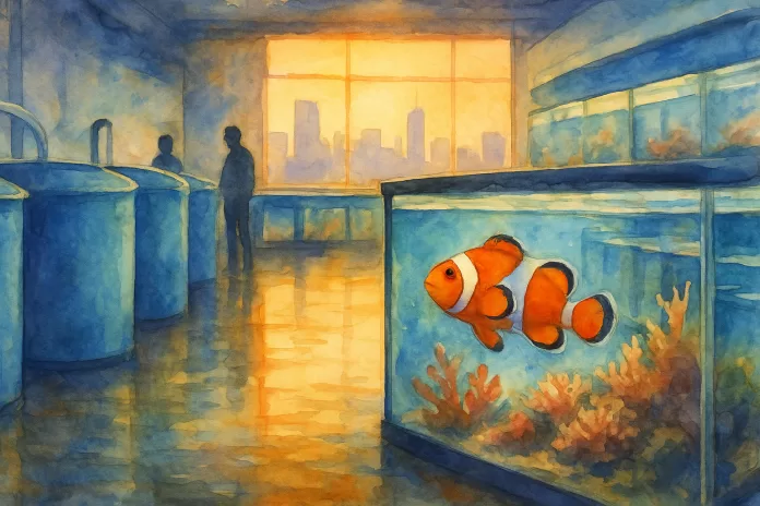 Instalação urbana de aquicultura ornamental marinha em São Paulo, em aquarela, com peixe-palhaço em primeiro plano e tanques cilíndricos ao fundo, sugerindo empreendedorismo e inovação.