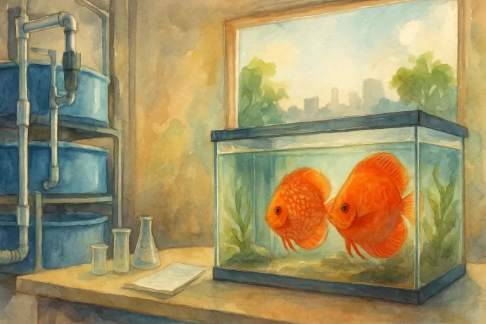 Ilustração em aquarela, horizontal (1920×1080). Em primeiro plano, mesa com frascos de soluções avermelhadas, pilão com sementes de urucum (Bixa orellana) e ramos frescos. Ao lado, aquário com dois acarás-disco exibindo tons alaranjados, simbolizando a relação entre dieta rica em carotenóides — como a astaxantina e alternativas vegetais — e a pigmentação dos peixes. A cena reforça o debate sobre custo, ética e uso responsável de pigmentos na aquicultura ornamental.