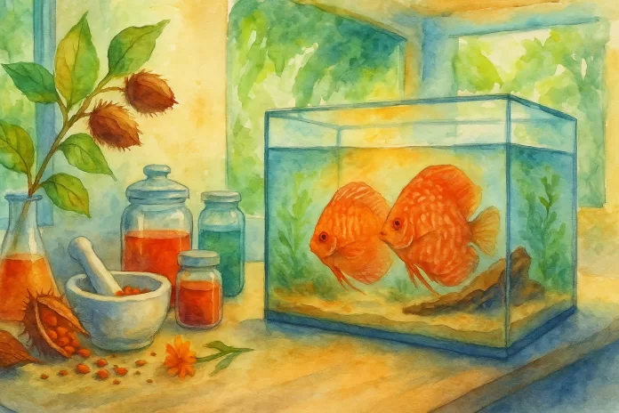 Aquarela em paisagem de um laboratório brasileiro com frascos de pigmentos naturais (urucum) sobre a mesa e aquário com dois acarás-disco (Symphysodon spp.) de coloração vermelha intensa.