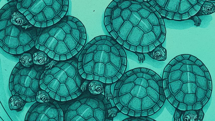 Ilustração em estilo de história em quadrinhos mostrando várias tartarugas aquáticas, associada a artigo sobre quelonicultura no Brasil.
