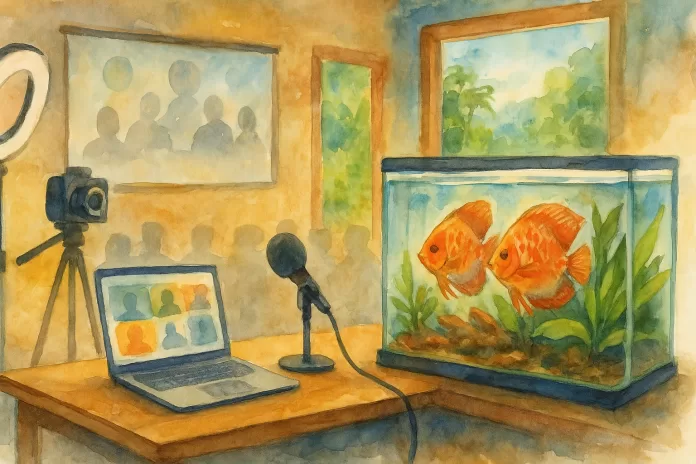 Aquarela em paisagem de um estúdio simples no Brasil com aquário de acarás-disco (Symphysodon spp.), mesa com laptop, microfone, câmera e ring light, sugerindo transmissão interativa de conteúdo técnico.