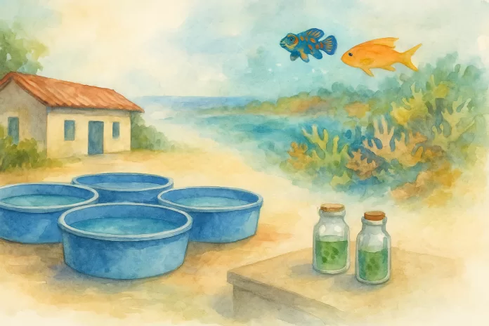 Aquarela em paisagem mostrando tanques azuis de criação em cativeiro no interior do Brasil, frascos com microalgas e, ao fundo, recife de corais sugerido com dois peixes ornamentais.