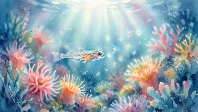 Ilustração em aquarela de uma larva translúcida de peixe marinho ornamental em um recife de corais, prestes a se alimentar de micro-organismos e copépodes brilhantes na água.
