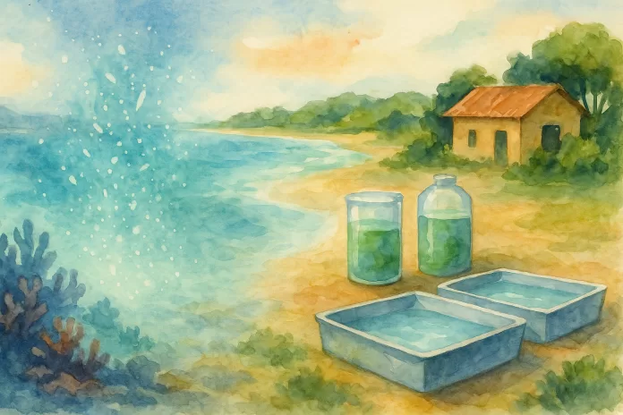 Aquarela em paisagem mostrando laboratório costeiro no Brasil com tanques de larvicultura marinha e, ao fundo, mar com recife; partículas sugerem organismos alimento para larvas.