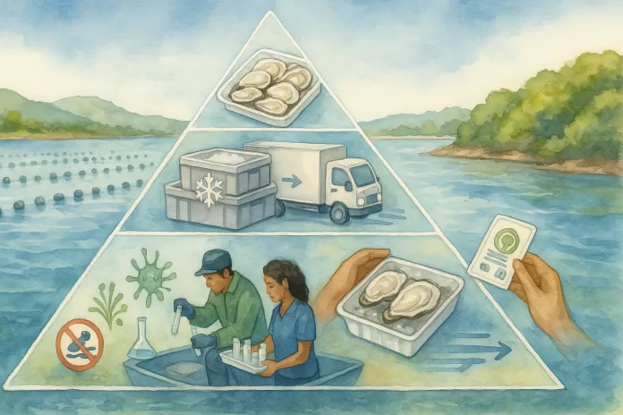 Cena em aquarela de uma baía brasileira com cultivo de ostras; uma pirâmide translúcida em quatro níveis mostra, da base ao topo, a área de mar limpo com longlines, técnicos coletando amostras e analisando água, caixas com gelo e caminhão refrigerado, e embalagem de ostras com selos genéricos, representando a qualidade na cadeia de moluscos bivalves.