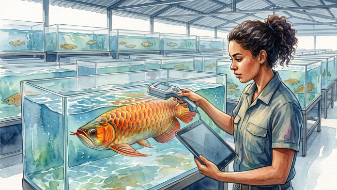 Técnica brasileira em hatchery de aquicultura ornamental escaneia com leitor de microchip um aruanã asiático (peixe-dragão) em tanque, segurando um tablet com ícone de certificado de rastreabilidade; cena em aquarela, orientação horizontal.