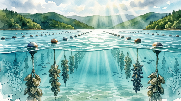 Pintura em aquarela com perspectiva dividida (meio a meio) exibindo cultivo de moluscos: linhas de boias flutuantes na superfície e, sob o mar turquesa cristalino, cordas repletas de aglomerados de ostras e mexilhões, com colinas verdes ao fundo.