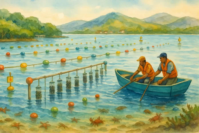 Aquarela em paisagem de uma baía brasileira com fazenda de moluscos: longlines e balsas com cestos de ostras e mexilhões, boias coloridas marcando linhas, dois trabalhadores em barco pequeno inspecionando as estruturas; água clara com leve ondulação, manguezal e morros ao fundo.