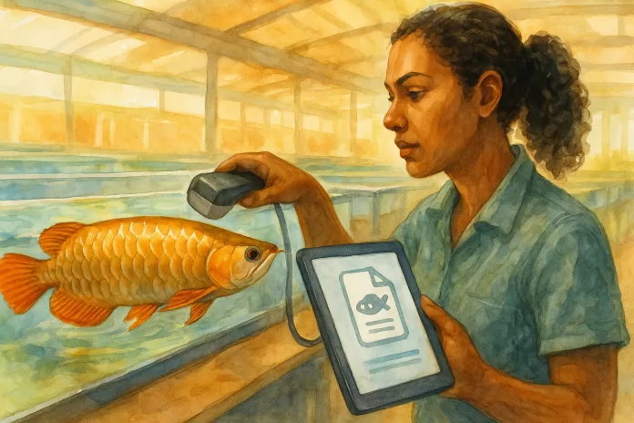 Técnica brasileira em hatchery de aquicultura ornamental escaneia com leitor de microchip um aruanã asiático (peixe-dragão) em tanque, segurando um tablet com ícone de certificado de rastreabilidade; cena em aquarela, orientação horizontal.