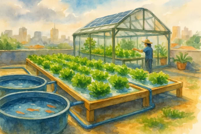 Sistema de aquaponia em terraço urbano no Brasil, com tanques circulares de peixes conectados a canteiros hidropônicos e estufa ao fundo, em aquarela horizontal.