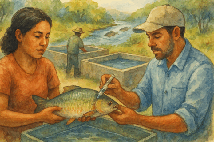 Dois cientistas aplicando indução hormonal em peixe migrador em viveiro próximo a um rio, em cenário natural.