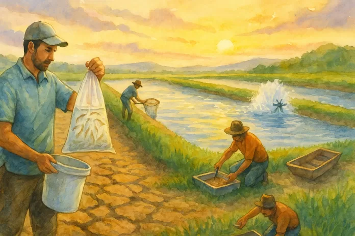 Amanhecer em fazenda de camarão no Brasil; técnico segura saco com pós-larvas à beira de viveiro seco e rachado, enquanto outros ajustam bandeja de arraçoamento e verificam rede perto de aerador, em aquarela horizontal.