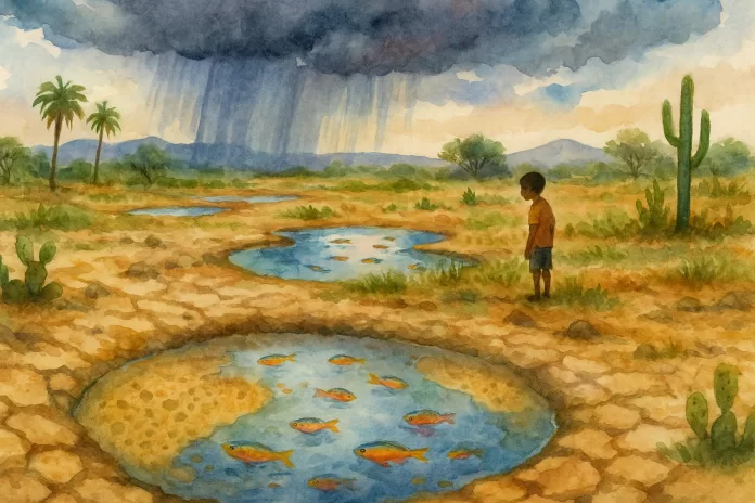 Paisagem semiárida do Nordeste após chuva, com poças rasas sobre solo rachado onde pequenos peixes coloridos nadam; ao fundo, nuvens carregadas e vegetação típica com mandacarus, em aquarela horizontal.