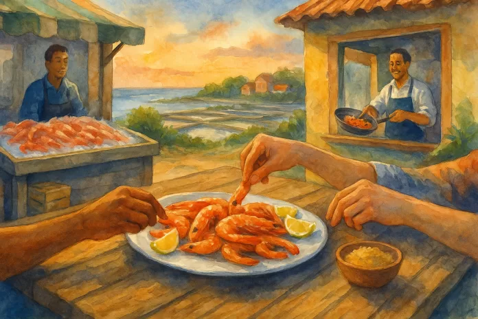 Mesa rústica à beira-mar no Brasil com pessoas servindo camarões grelhados; ao fundo, banca com camarão no gelo, janela de cozinha com chef e viveiros costeiros, em aquarela horizontal.