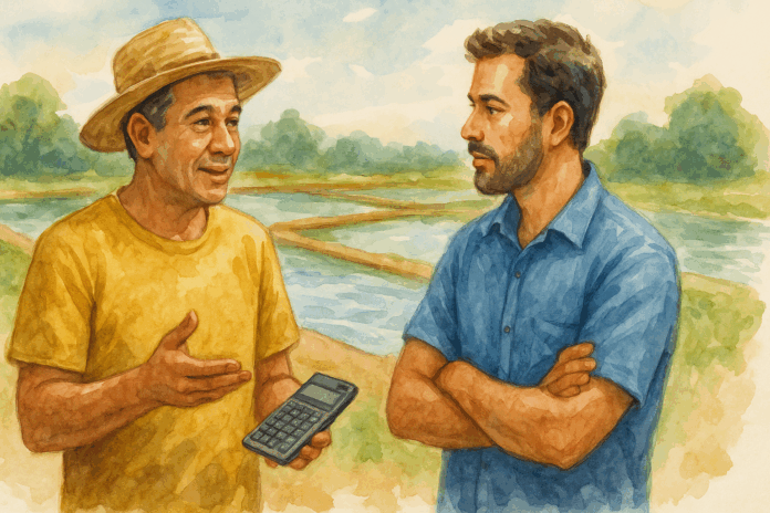 Dois aquicultores brasileiros conversando à beira de viveiros de piscicultura, um segurando uma calculadora, em estilo aquarela.
