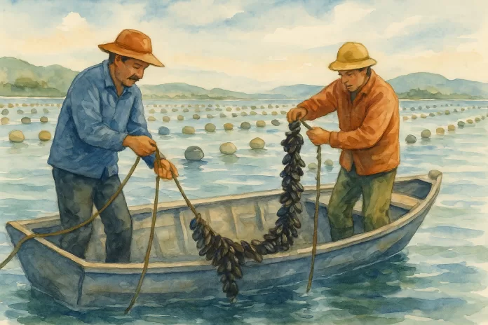 Ilustração em aquarela de dois maricultores brasileiros em um barco manuseando cordas com mexilhões cultivados, cercados por boias flutuando no mar calmo com montanhas ao fundo.