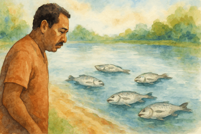 Homem observa peixes mortos boiando na superfície de um viveiro, em um cenário natural, representado em aquarela.