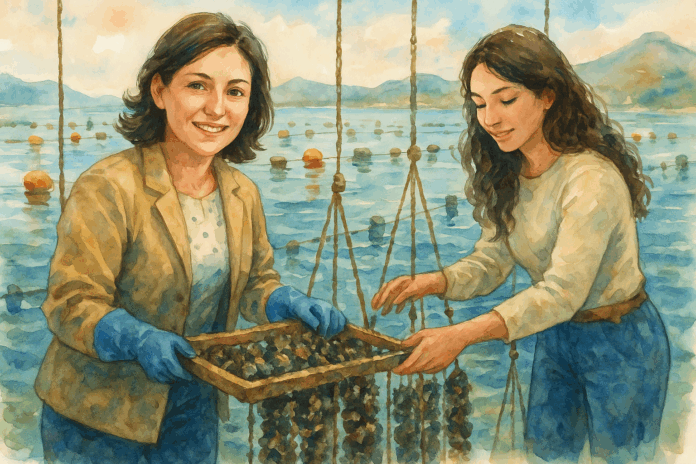 uas mulheres jovens trabalhando no cultivo de ostras e mexilhões, estilo aquarela, em fazenda marinha com boias e montanhas ao fundo.