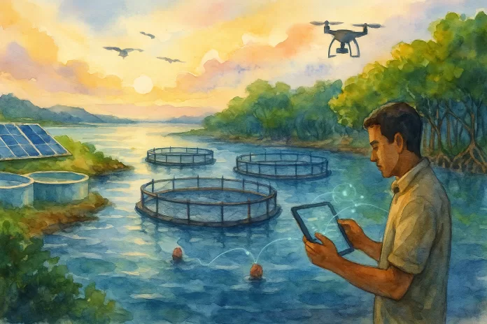 Técnico brasileiro usa tablet à beira de viveiros marinhos circulares; boias-sensor e drone sobrevoando, painéis solares e manguezal ao fundo, em aquarela horizontal.