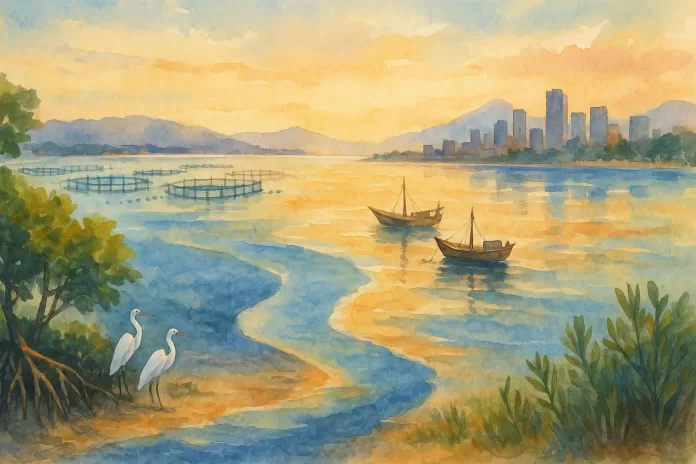 Aquarela em paisagem da costa brasileira ao entardecer, com manguezal à esquerda, barcos artesanais e tanques-rede ao fundo, cidade ao longe e duas correntes de água que se misturam.