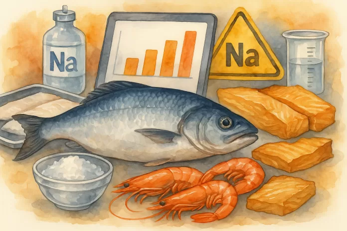 Ilustração em aquarela horizontal de peixes e camarões cercados por elementos como sal, filés congelados, gráficos, símbolo químico do sódio e equipamentos de laboratório, representando a discussão sobre teor de sódio no pescado.