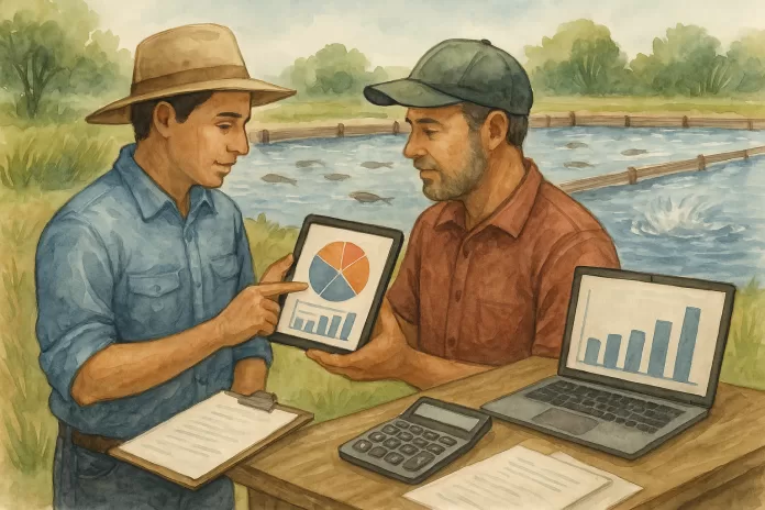 Ilustração em aquarela de dois produtores rurais brasileiros em conversa sobre gestão financeira em uma propriedade aquícola, com gráficos em tablet e laptop à beira de um viveiro de peixes.